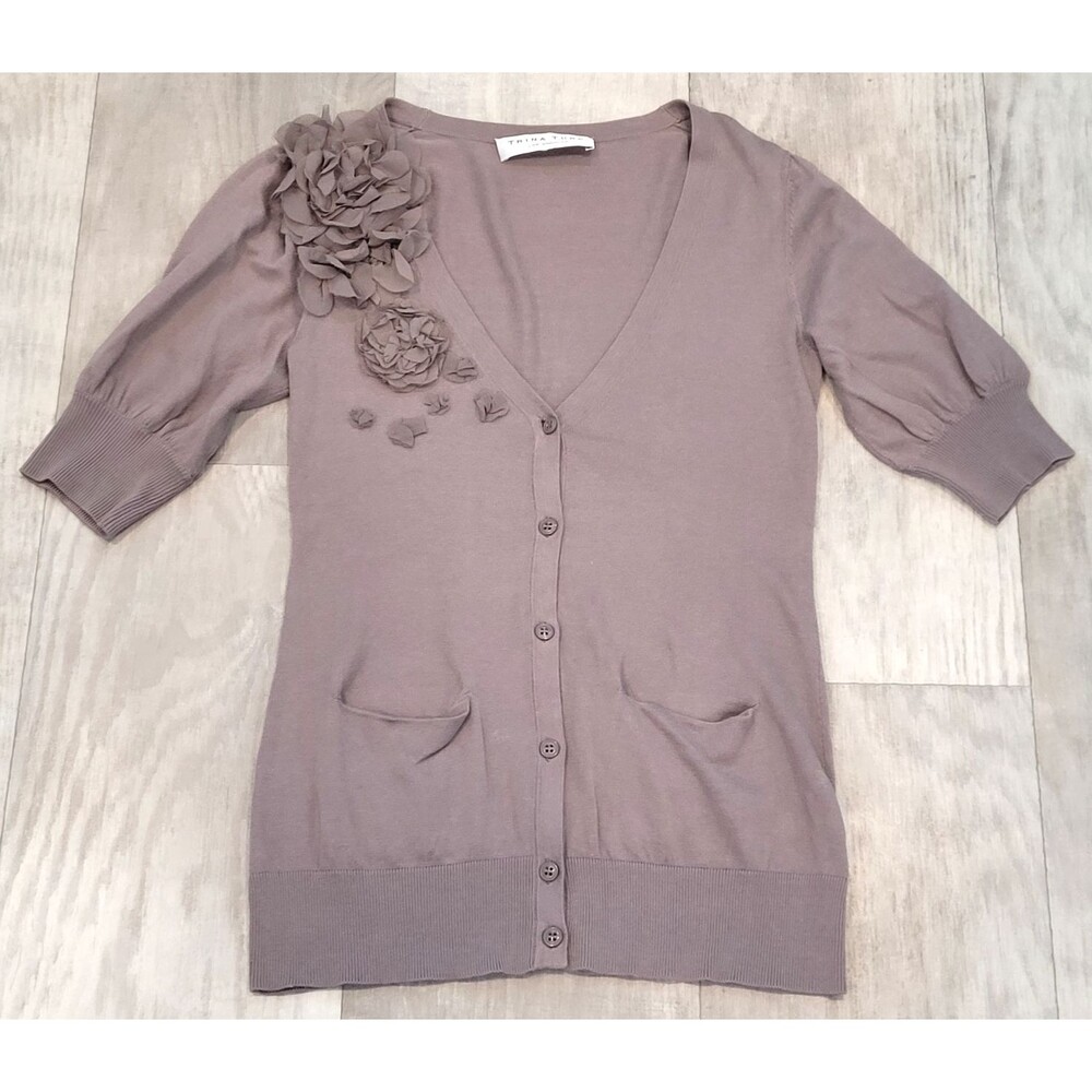 Trina Turk Womens S Taupe Silk Floral Applique V-Neck Cardigan Sweater Luxurious